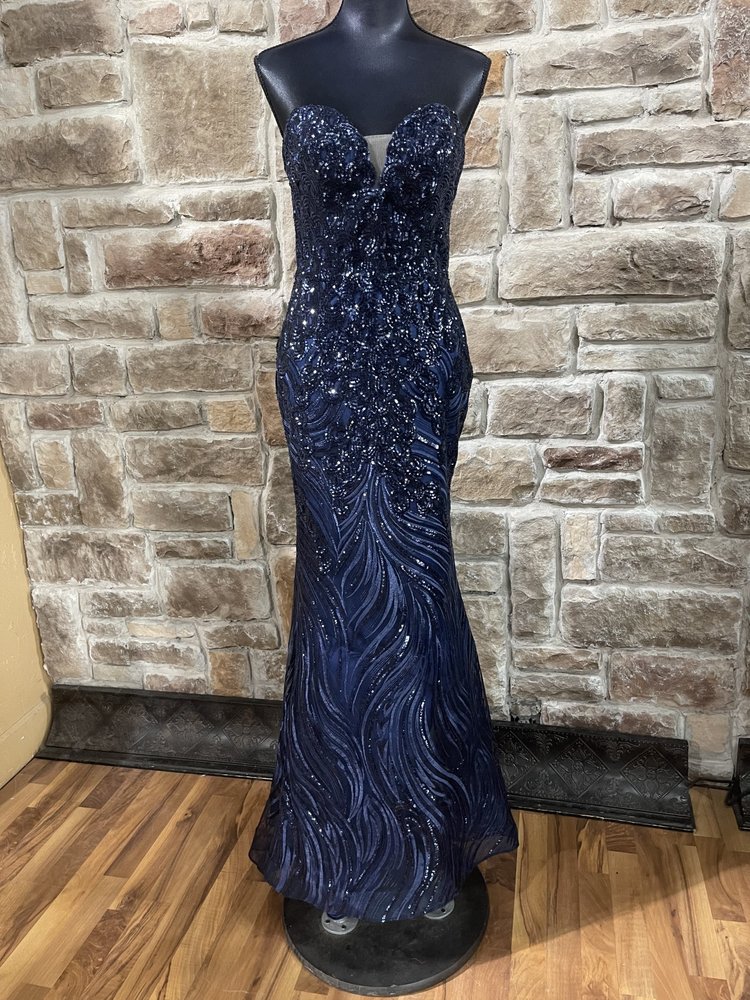 Panoply Navy Sequin Gown with Attachable Straps, Size 10