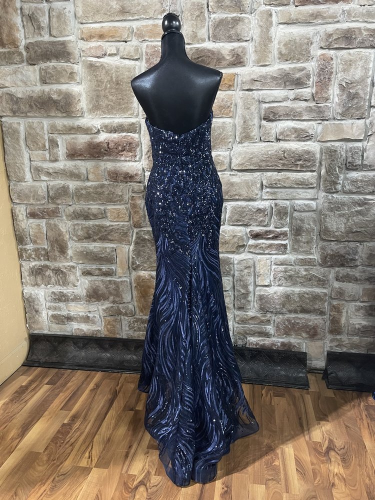 Panoply Navy Sequin Gown with Attachable Straps, Size 10