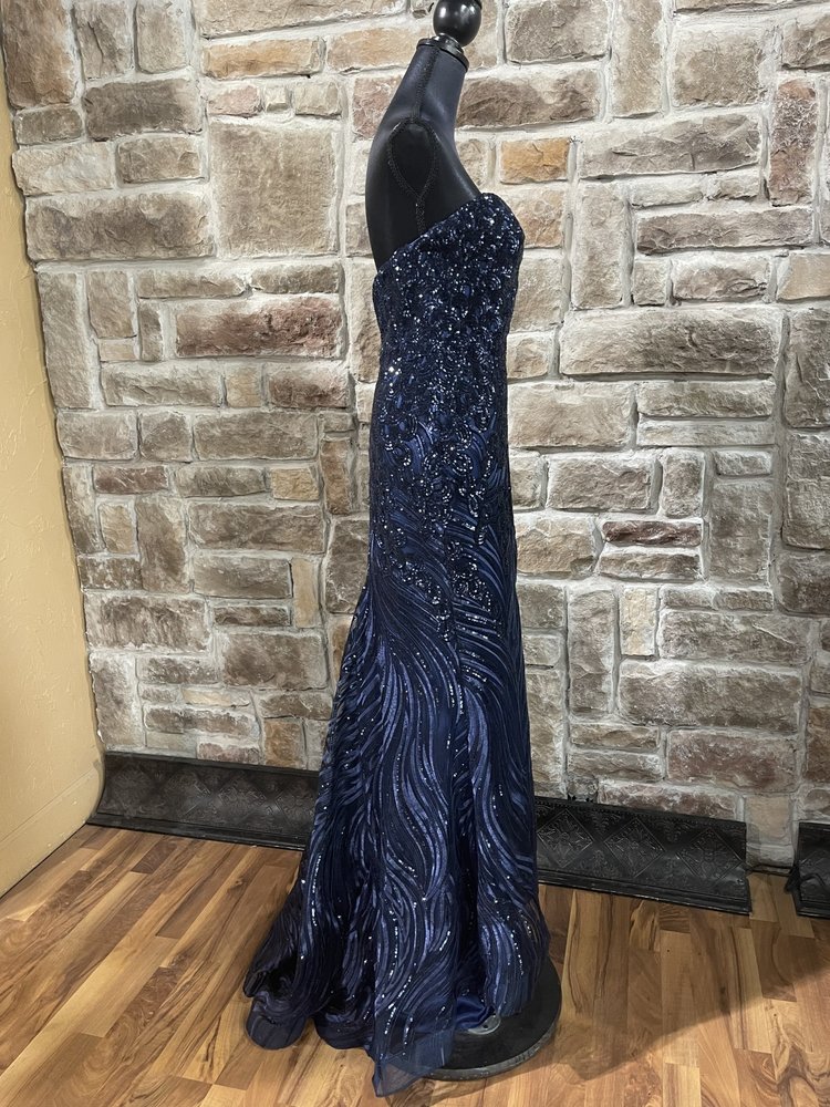 Panoply Navy Sequin Gown with Attachable Straps, Size 10