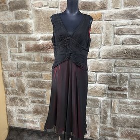 Adrianna Papell Black with Red Underlay Ruched Dress, Size 16