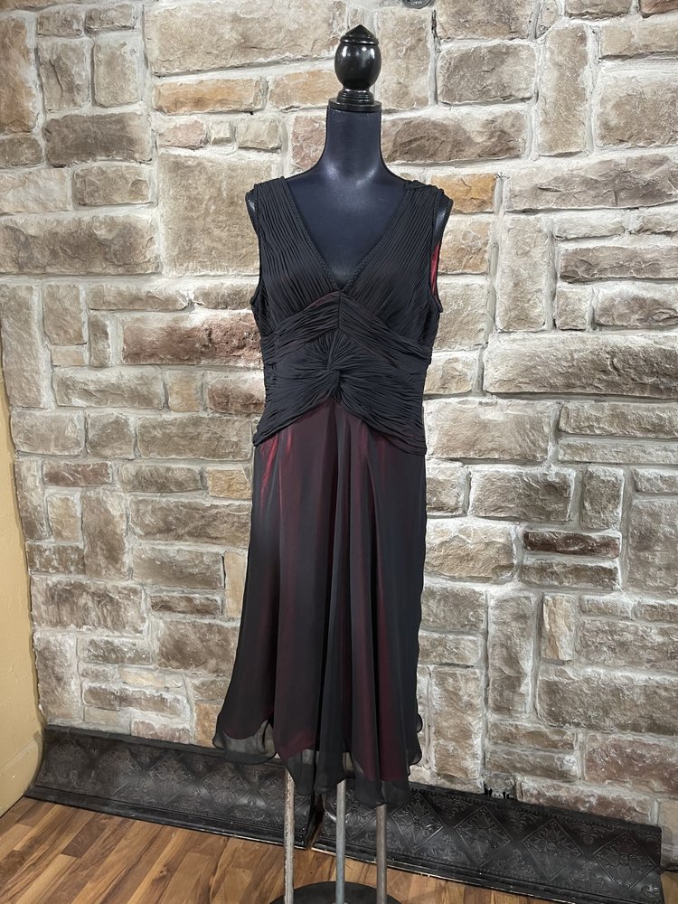 Adrianna Papell Black with Red Underlay Ruched Dress, Size 16
