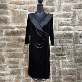 Tahari Black Velvet Ruched Dress with Satin Collar, Size 16