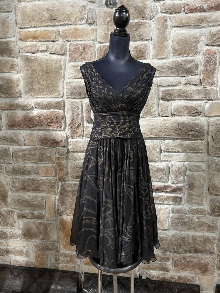 Tadashi Black with Gold Print Ruched Dress, Size 6
