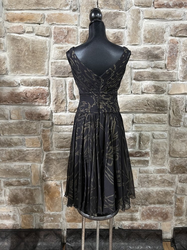 Tadashi Black with Gold Print Ruched Dress, Size 6