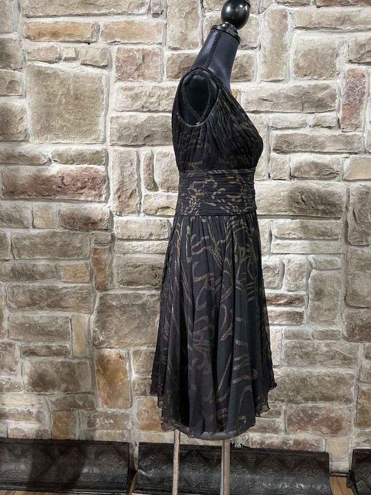 Tadashi Black with Gold Print Ruched Dress, Size 6