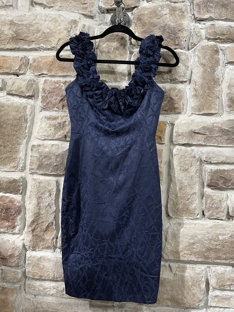 Maggy London Navy Print Dress with Ruffled Trim, Size 2
