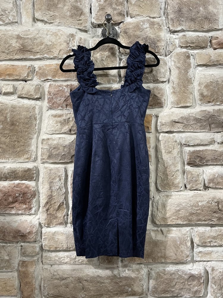 Maggy London Navy Print Dress with Ruffled Trim, Size 2