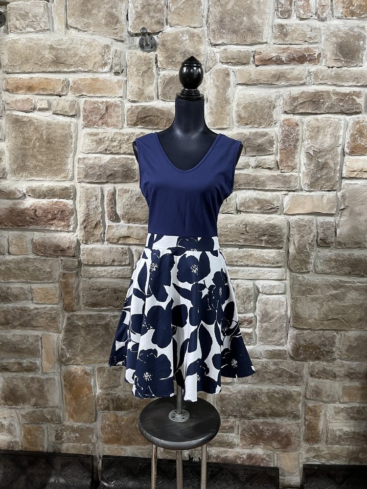 Miusol Navy Tank Dress with Floral Print Skirt, Size M