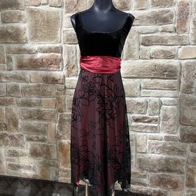 Studio Y Black & Red Dress with Velvet Top, Red Sash and Black Floral Overlay Skirt, Size S