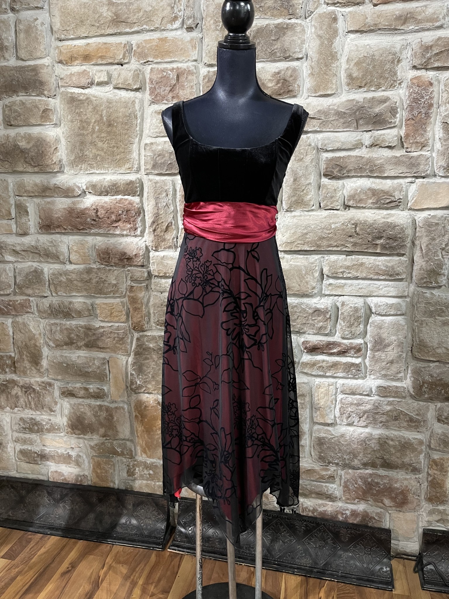 Black & Red Dress with Velvet Top, Red Sash and Black Floral Overlay Skirt, Size S - Elements Unleashed Black & Red Dress with Velvet Top, Red Sash and Black Floral Overlay Skirt, Size S - Elements Unleashed