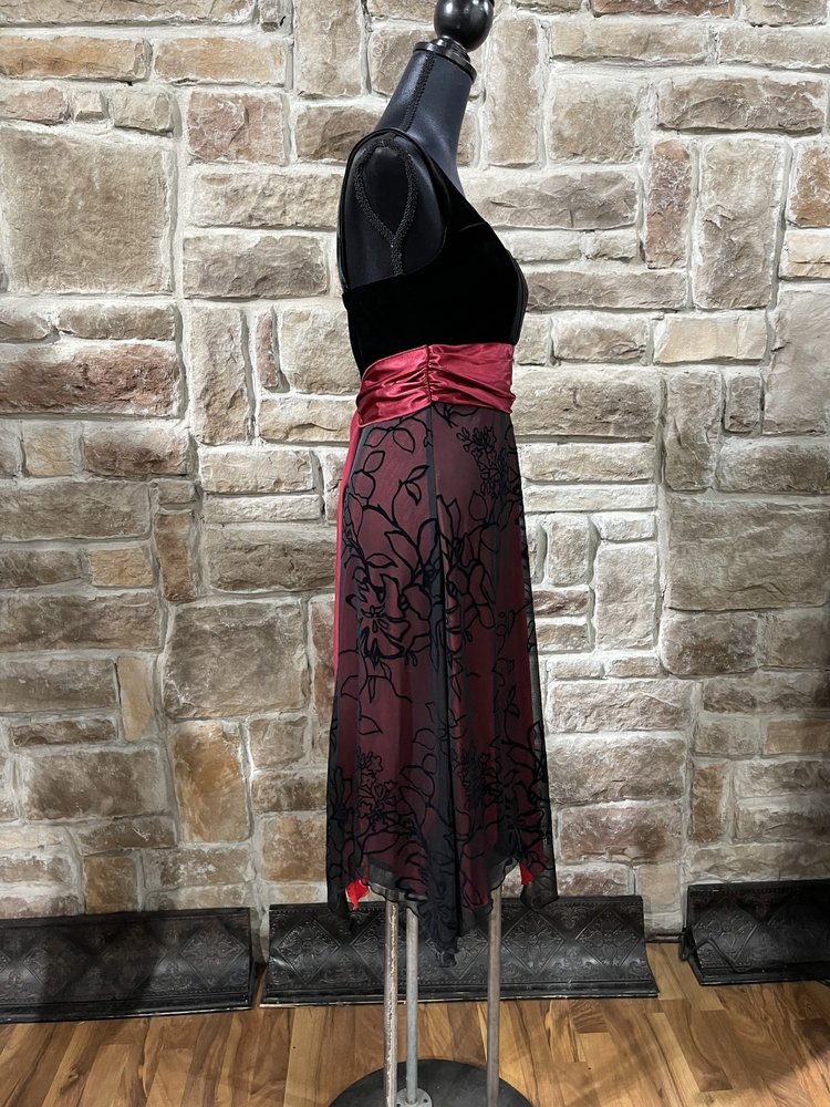 Studio Y Black & Red Dress with Velvet Top, Red Sash and Black Floral Overlay Skirt, Size S