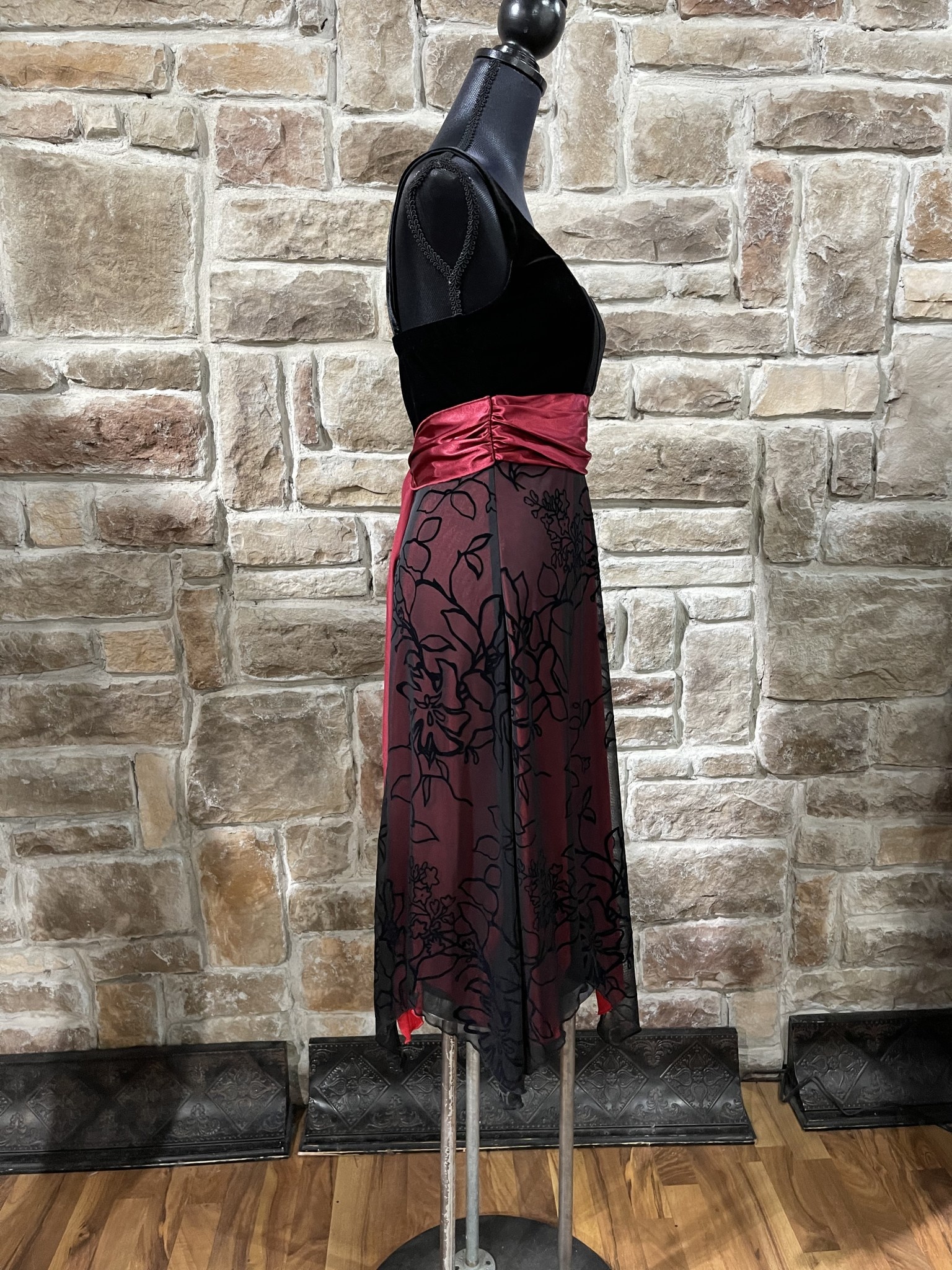 Black & Red Dress with Velvet Top, Red Sash and Black Floral Overlay Skirt,  Size S - Elements Unleashed
