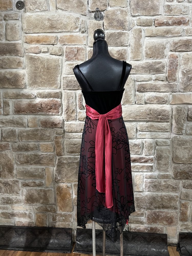 Studio Y Black & Red Dress with Velvet Top, Red Sash and Black Floral Overlay Skirt, Size S