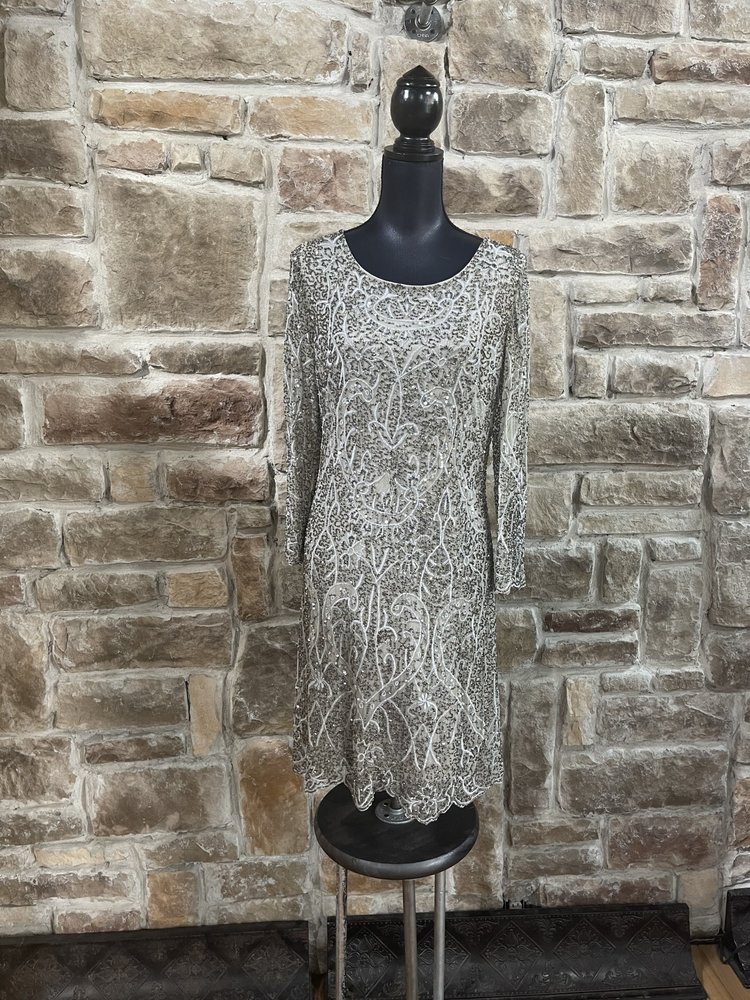 Pisarro Nights Silver Beaded Long Sleeved Dress, Size 12