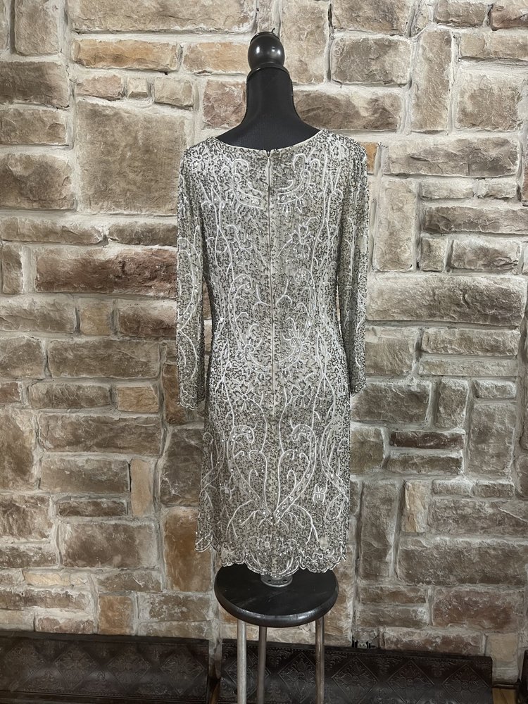 Pisarro Nights Silver Beaded Long Sleeved Dress, Size 12