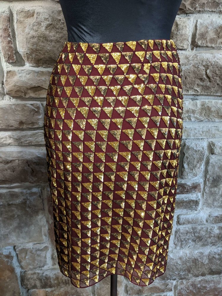 Badgley Mischka Burgundy Silk Skirt with Gold Sequins, Size 4