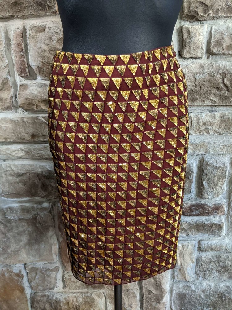Badgley Mischka Burgundy Silk Skirt with Gold Sequins, Size 4