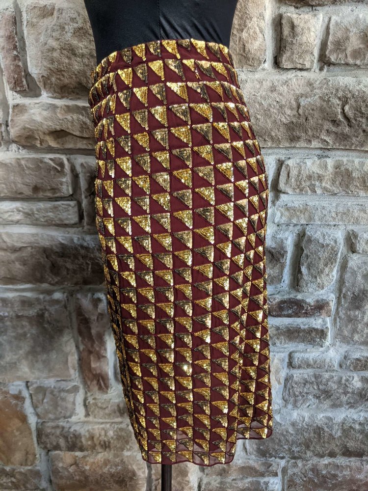 Badgley Mischka Burgundy Silk Skirt with Gold Sequins, Size 4