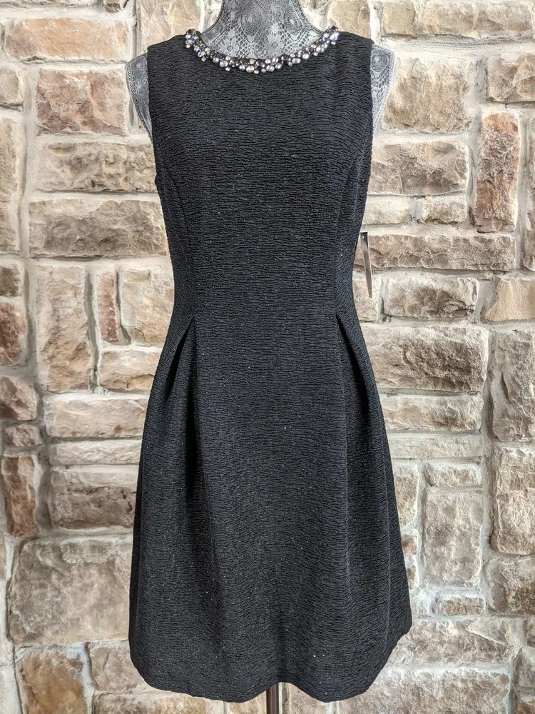 Jessica Howard Black Shimmer Sheath with Jeweled Neckline, Size 8