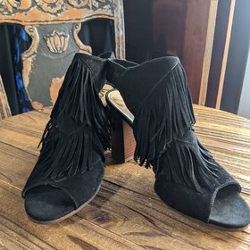 Sam Edelman Black Suede Bootie with Fringe and Peep Toe, Size 7.5