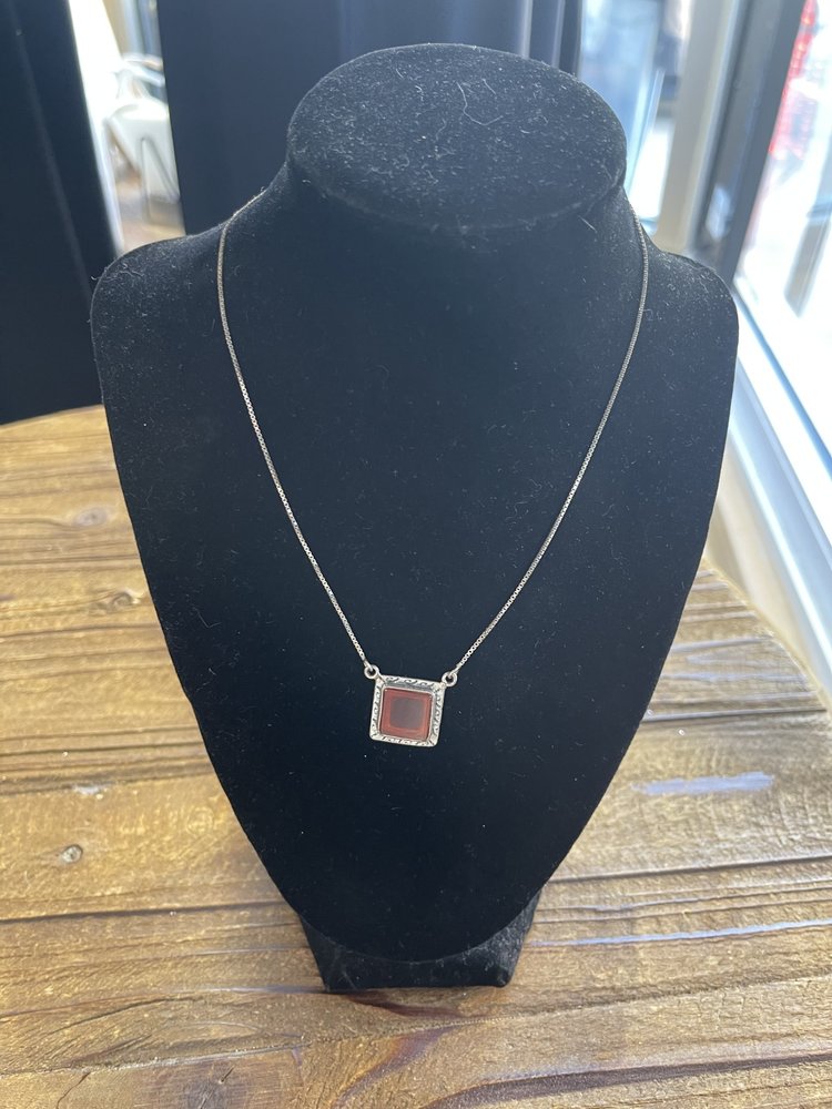 Silver Necklace with Orange Square Gem