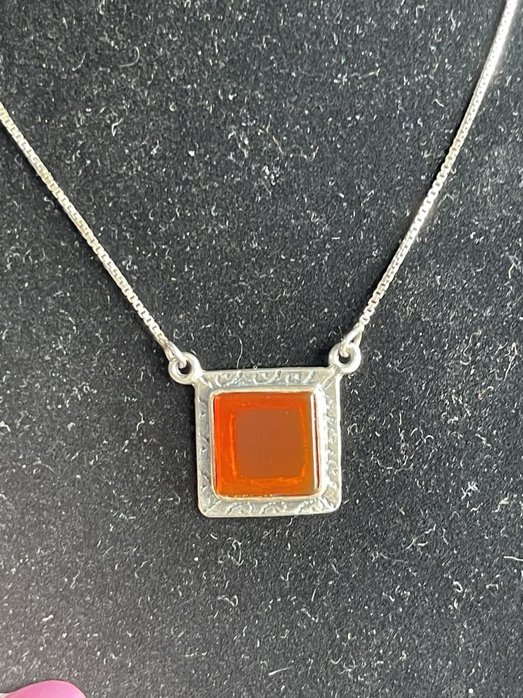 Silver Necklace with Orange Square Gem