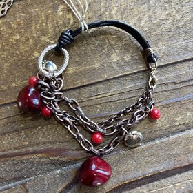 Gold and Red Leather String Bracelet