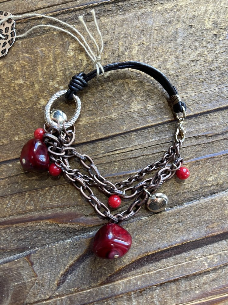 Gold and Red Leather String Bracelet