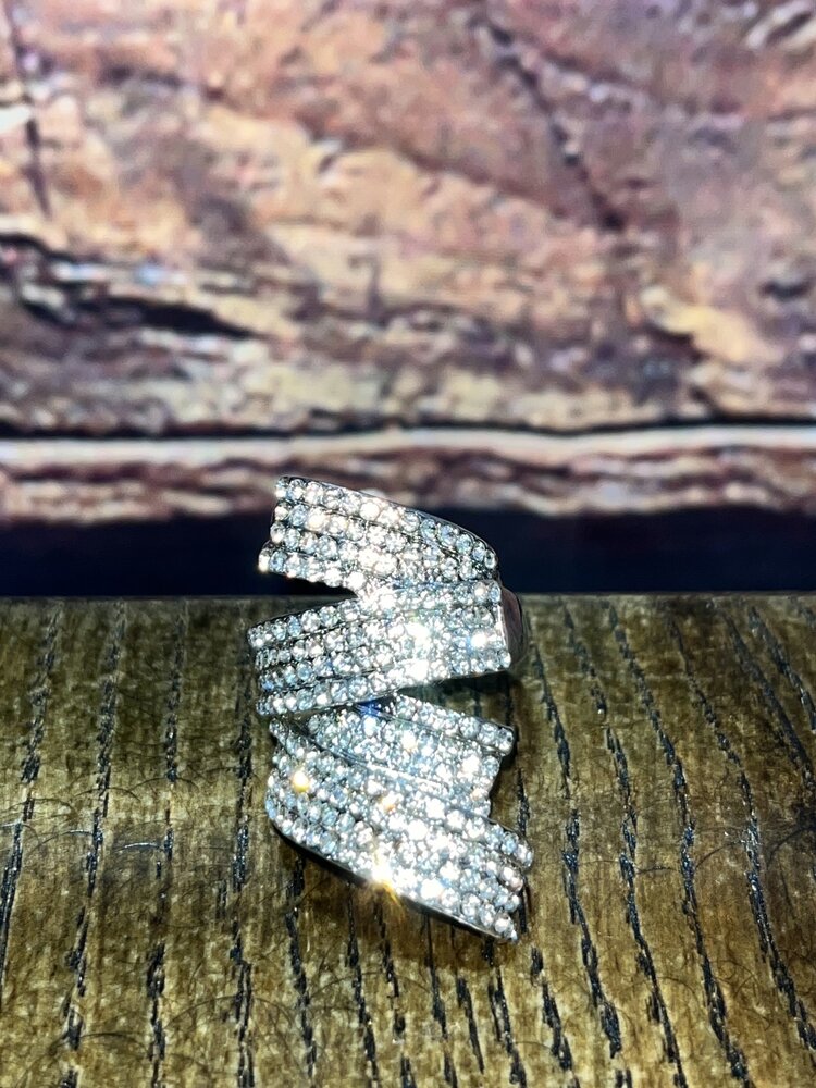 Silver Abstract Rhinestoned Versatile Stretch Ring, OS