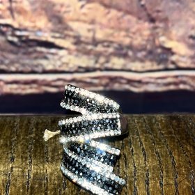 Silver and Black Abstract Rhinestoned Versatile Stretch Ring, OS