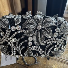 Vintage Black and Silver Rhinestone Flower Evening Handbag