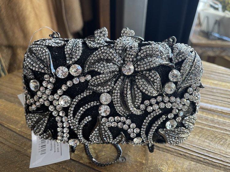 Vintage Black and Silver Rhinestone Flower Evening Handbag