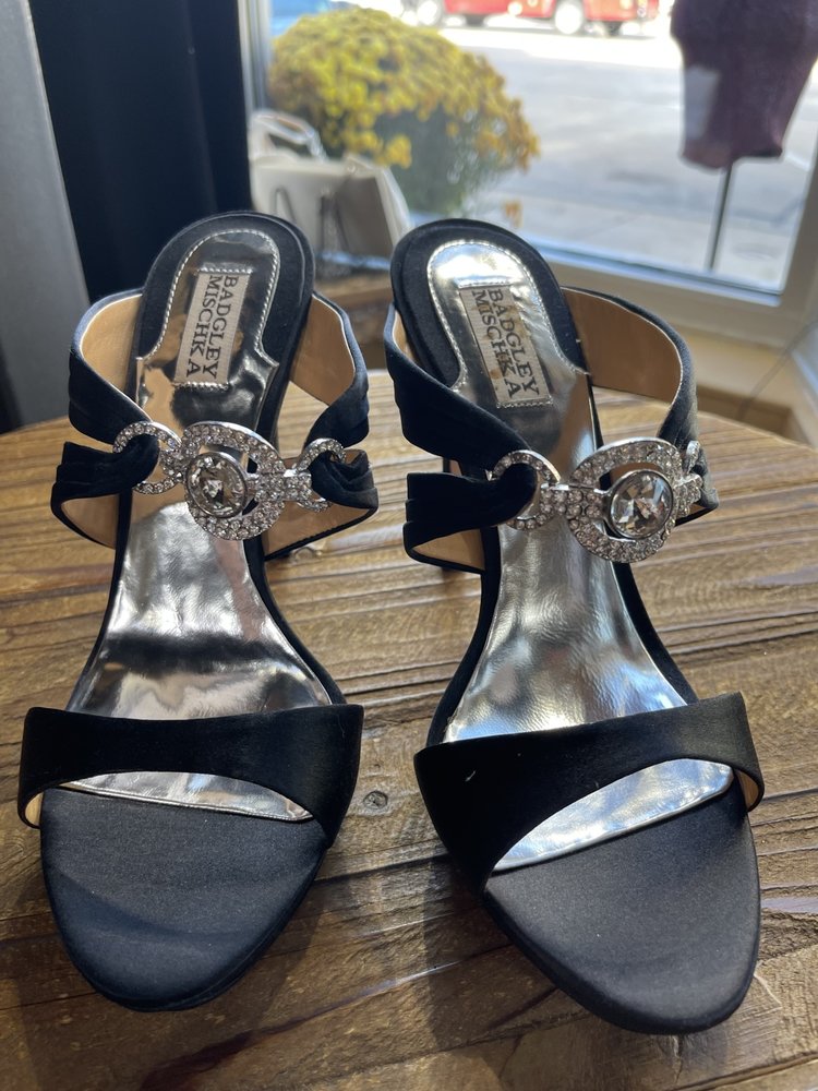 Badgley Mischka Black Satin Heel with Rhinestone Embellishment, Size 10