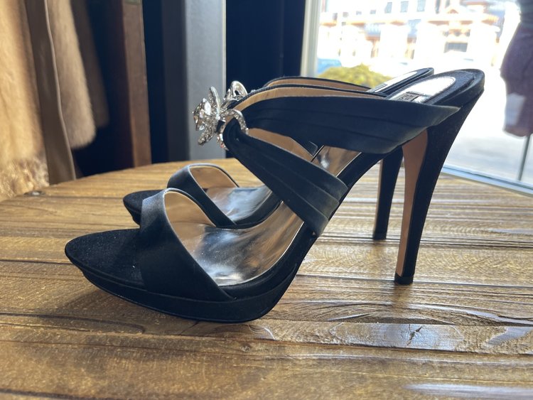 Badgley Mischka Black Satin Heel with Rhinestone Embellishment, Size 10