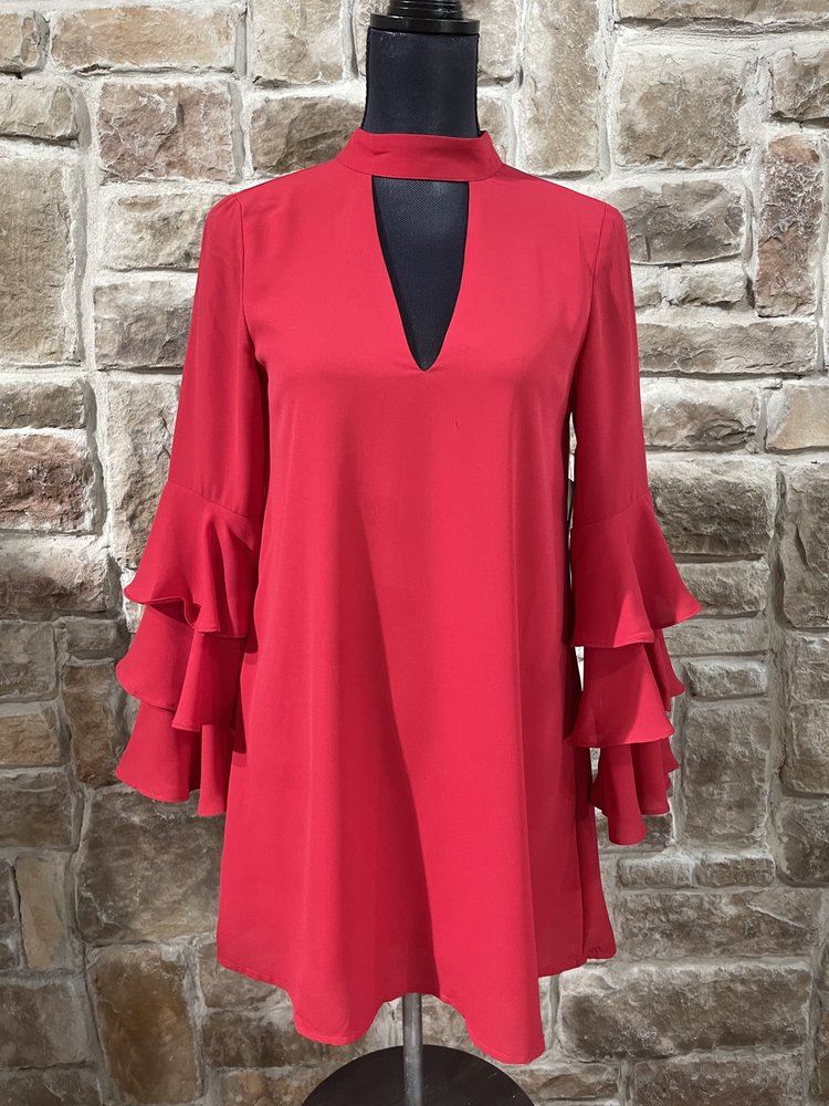 Lulu's Red Ruffle Sleeve Banded Collar Dress, Size XS