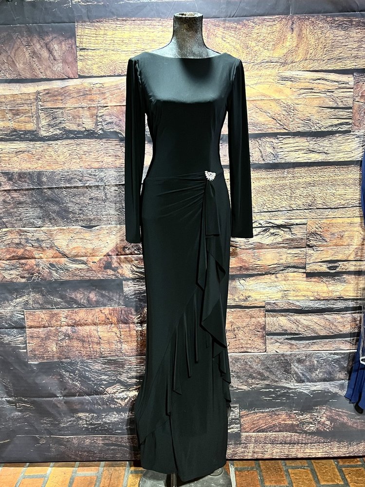 Ralph Lauren Black Asymmetrical Ruffle Gown with Sleeves, Size 8