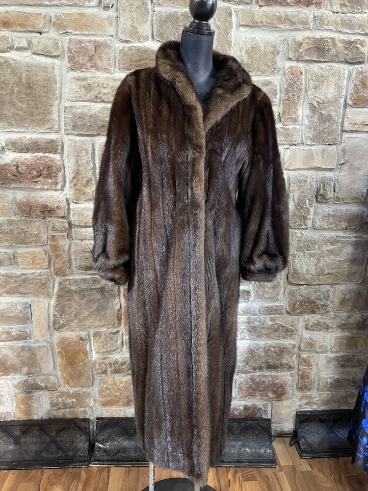 Medium Brown Ranch Mink  Long Coat with Mandarin Collar,  Size S