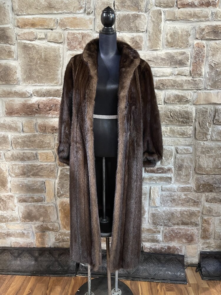 Medium Brown Ranch Mink  Long Coat with Mandarin Collar,  Size S