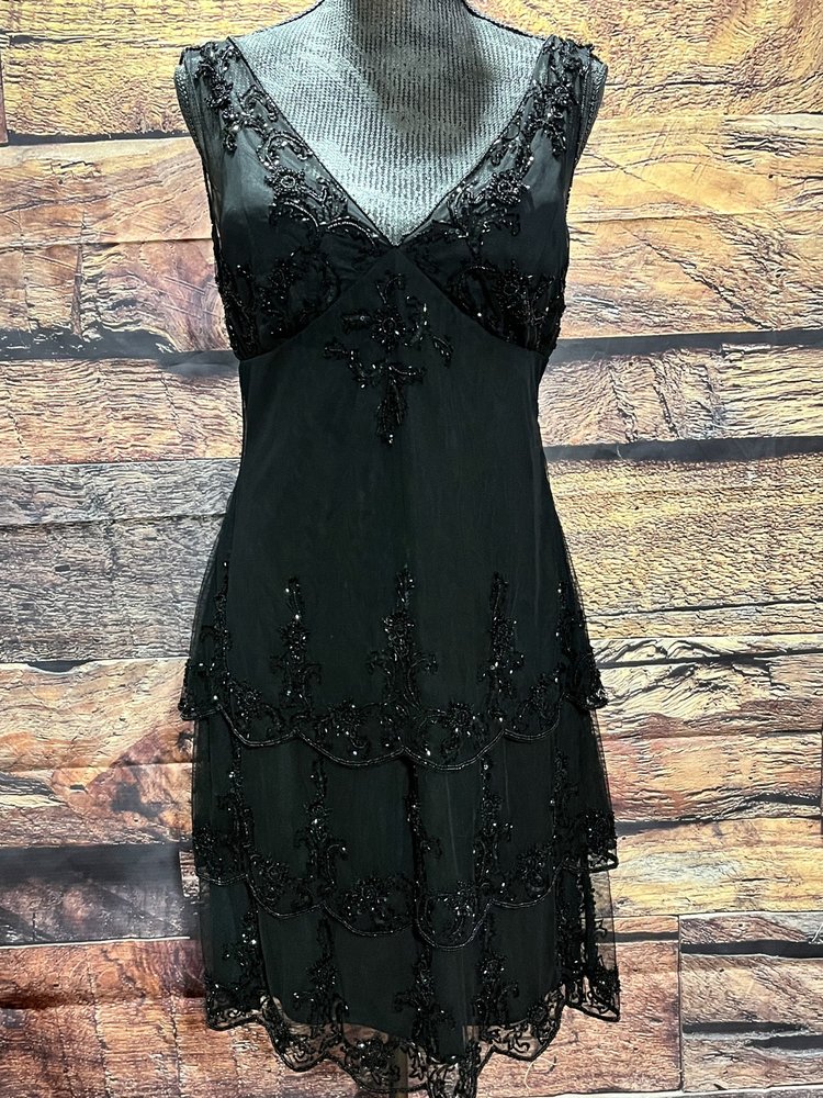 Sténay Black Layered Beaded Overlay Dress, Size 10