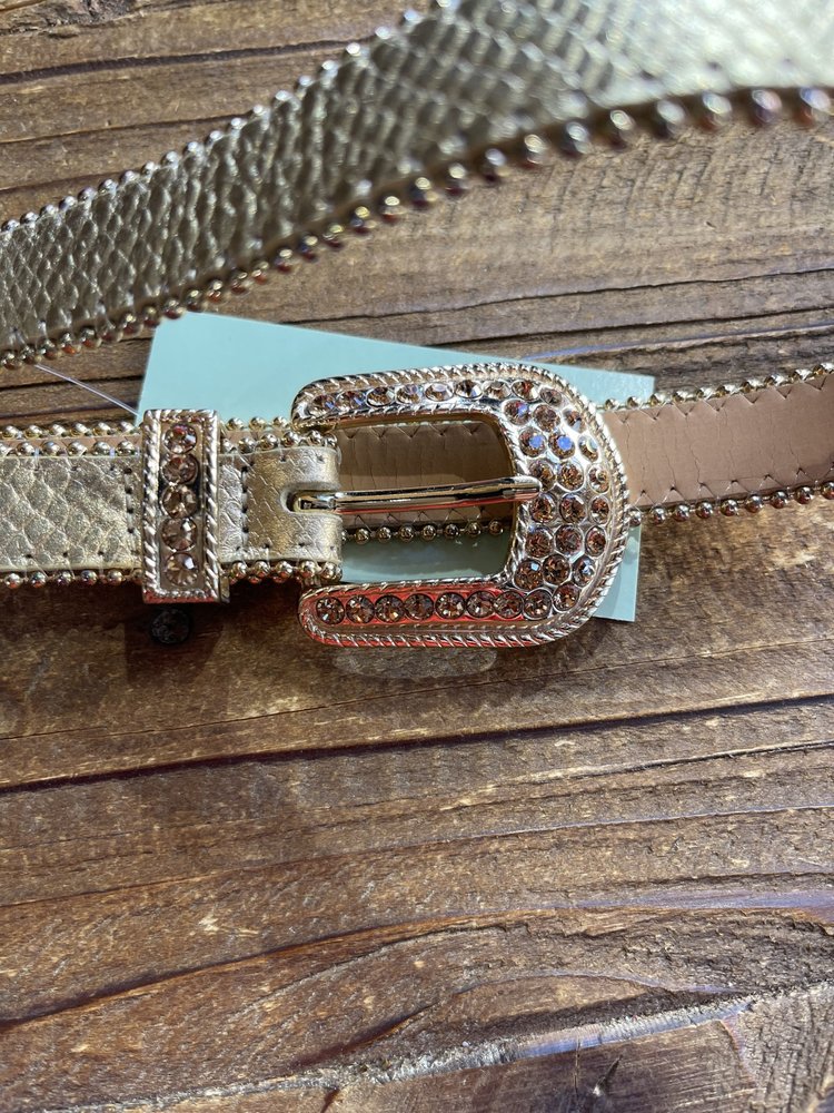 Caché Gold Leather Jeweled Belt, Size L