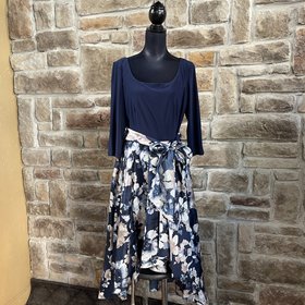 R & M Richards Navy Floral Print High Low Dress, Size 16