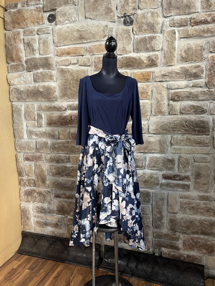 R & M Richards Navy Floral Print High Low Dress, Size 16