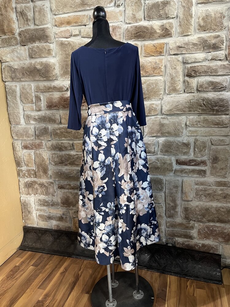 R & M Richards Navy Floral Print High Low Dress, Size 16