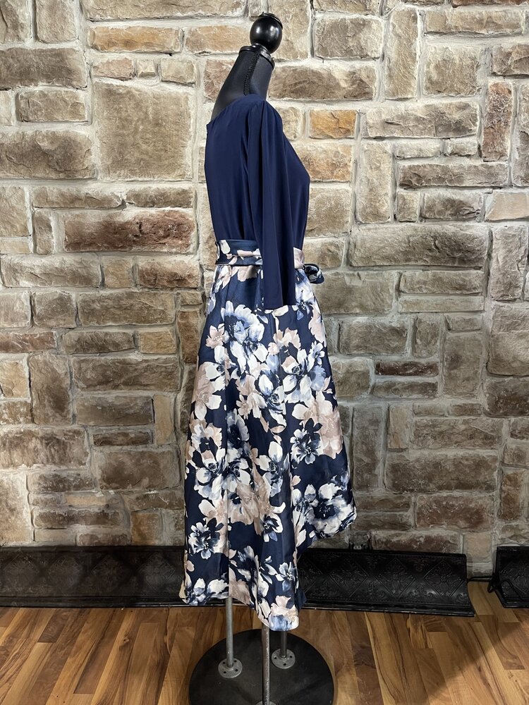 R & M Richards Navy Floral Print High Low Dress, Size 16