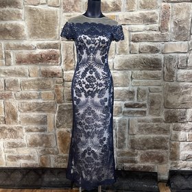Tadashi Shoji Navy Sequin Lace Overlay Gown, Size 4