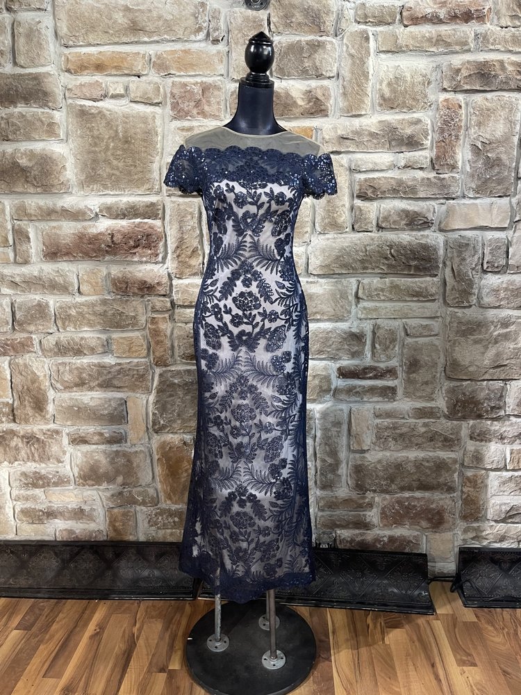 Tadashi Shoji Navy Sequin Lace Overlay Gown, Size 4