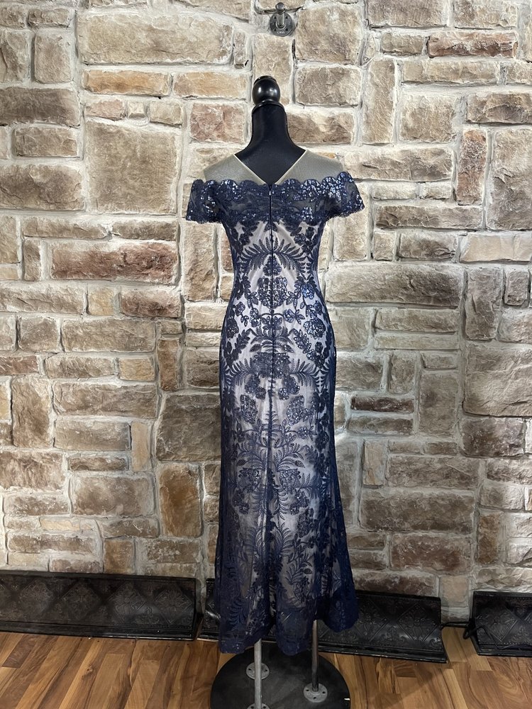 Tadashi Shoji Navy Sequin Lace Overlay Gown, Size 4