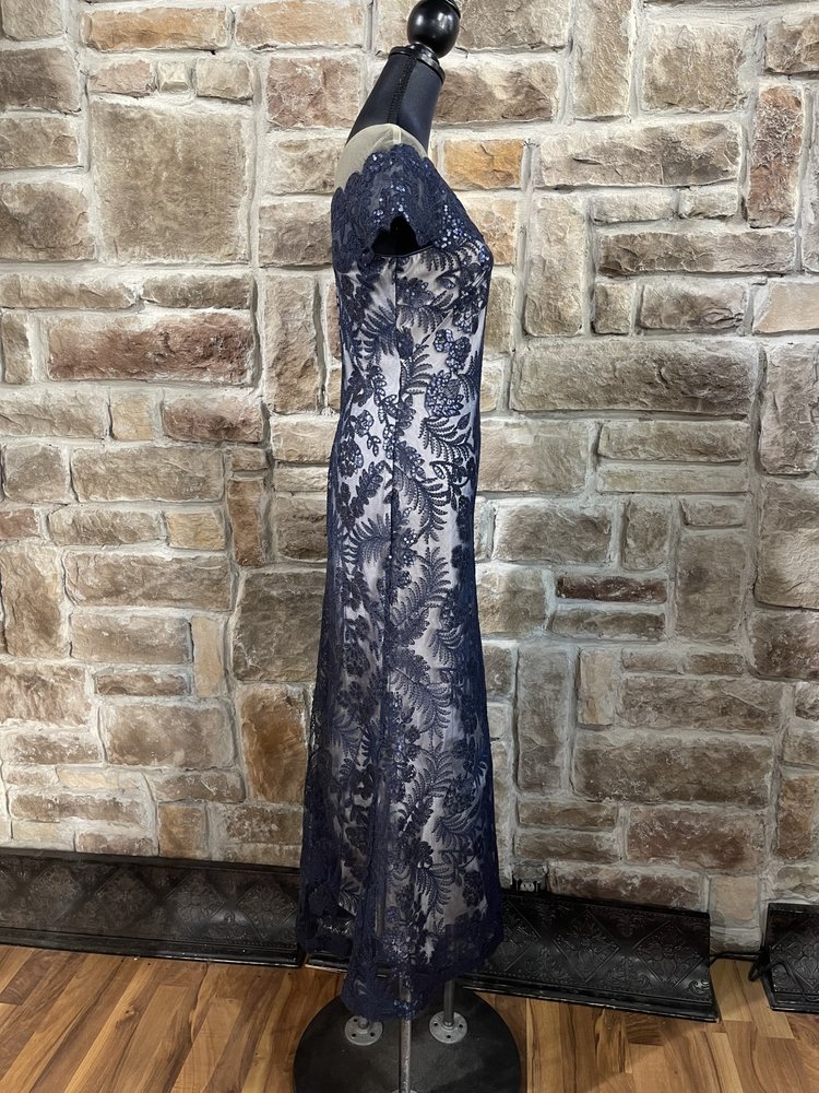 Tadashi Shoji Navy Sequin Lace Overlay Gown, Size 4