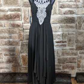 Sue Wong Black Gown with Silver Gray Halter Embellishments, Size 6