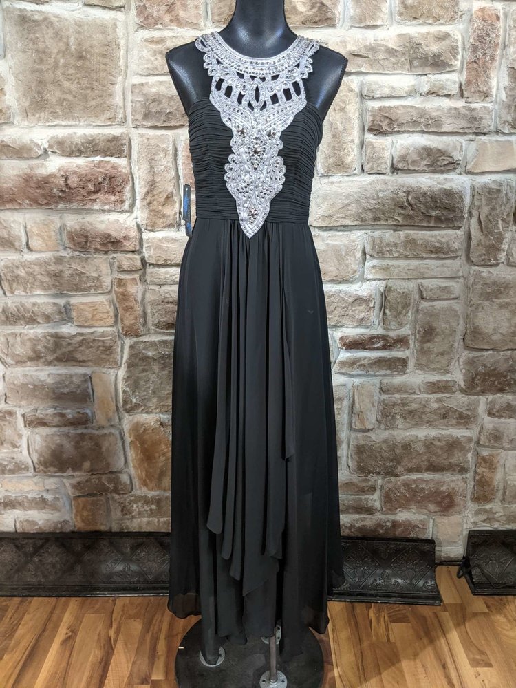 Sue Wong Black Gown with Silver Gray Halter Embellishments, Size 6